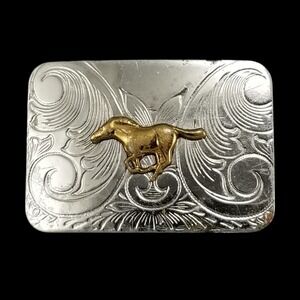 Vintage Nickel Silver Western Belt Buckle Galloping Horse Floral Engraved Small‎
